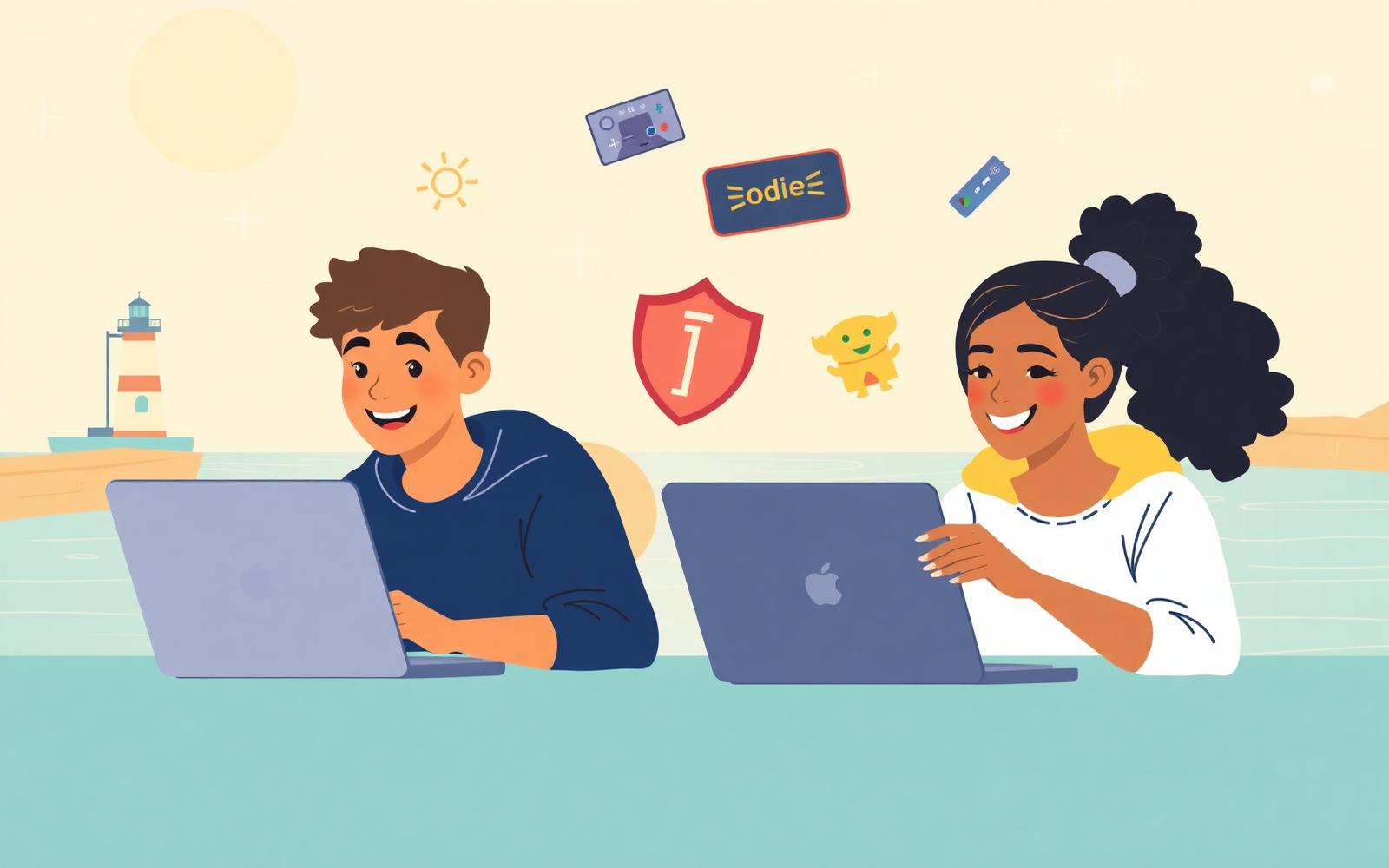 Two young students learning Python coding on laptops with playful icons around them